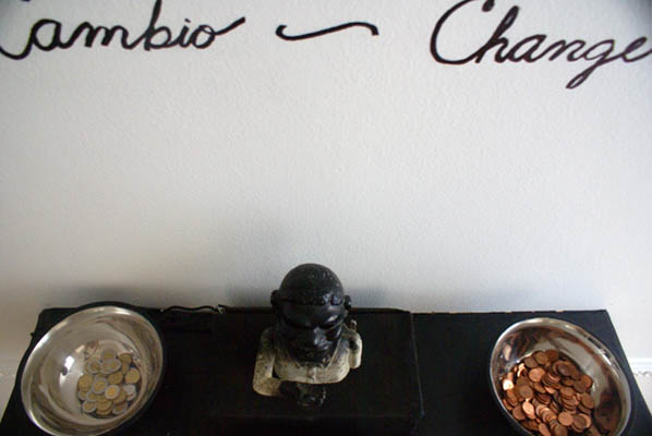 detail of Cambio/Change , 2009, automatic bank, bowls of Mexican and US currency, audio