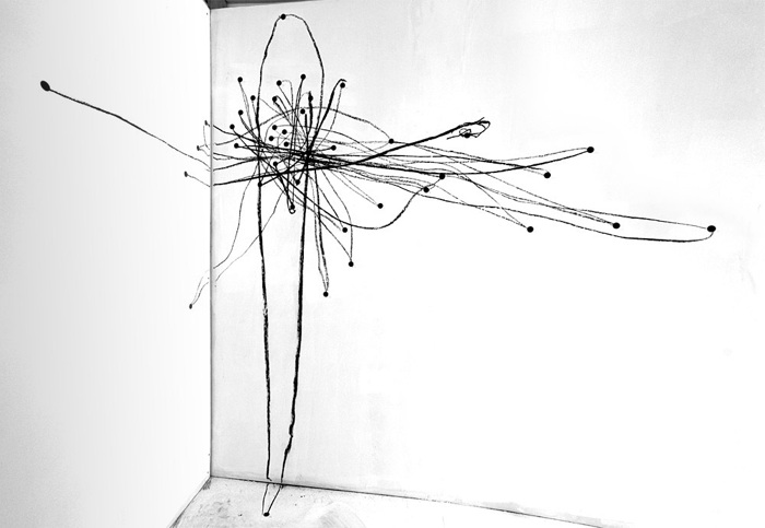 Jon Meyer Shotgun Blast (the longest path between forty points, as fast as possible) enamel, pencil, and charcoal on wall 12' x 6' 2007