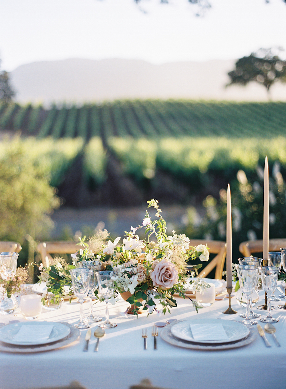  Golden Napa Valley light crawling across a magical al fresco tablescape set in a vineyard.  Photo by Eric Kelley. Event Design by Jenny Schneider Events and Laurie Arons Special Events. 