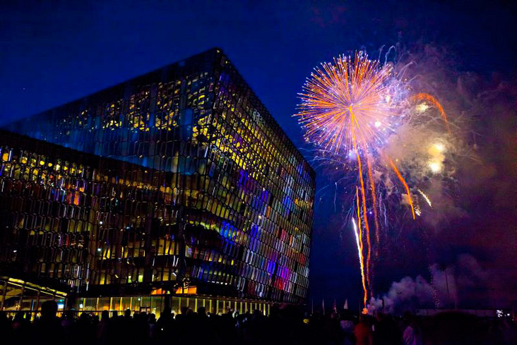 Harpa with Culture Night closing fireworks. Image - http://www.austurhofn.is