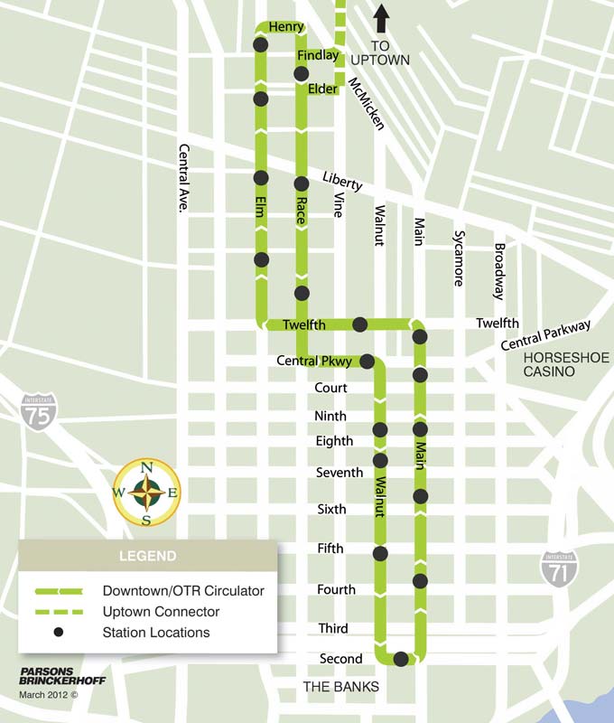 The 3.6 mile streetcar route that is now built, connecting downtown with the Over-the-Rhine neighbourhood. 