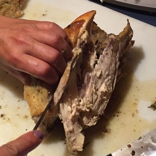 4. The Breast. Cut along the side of the spine while pulling back with your fingers. Your goal is to do a combination of pulling and cutting to release the breast in one large piece. 