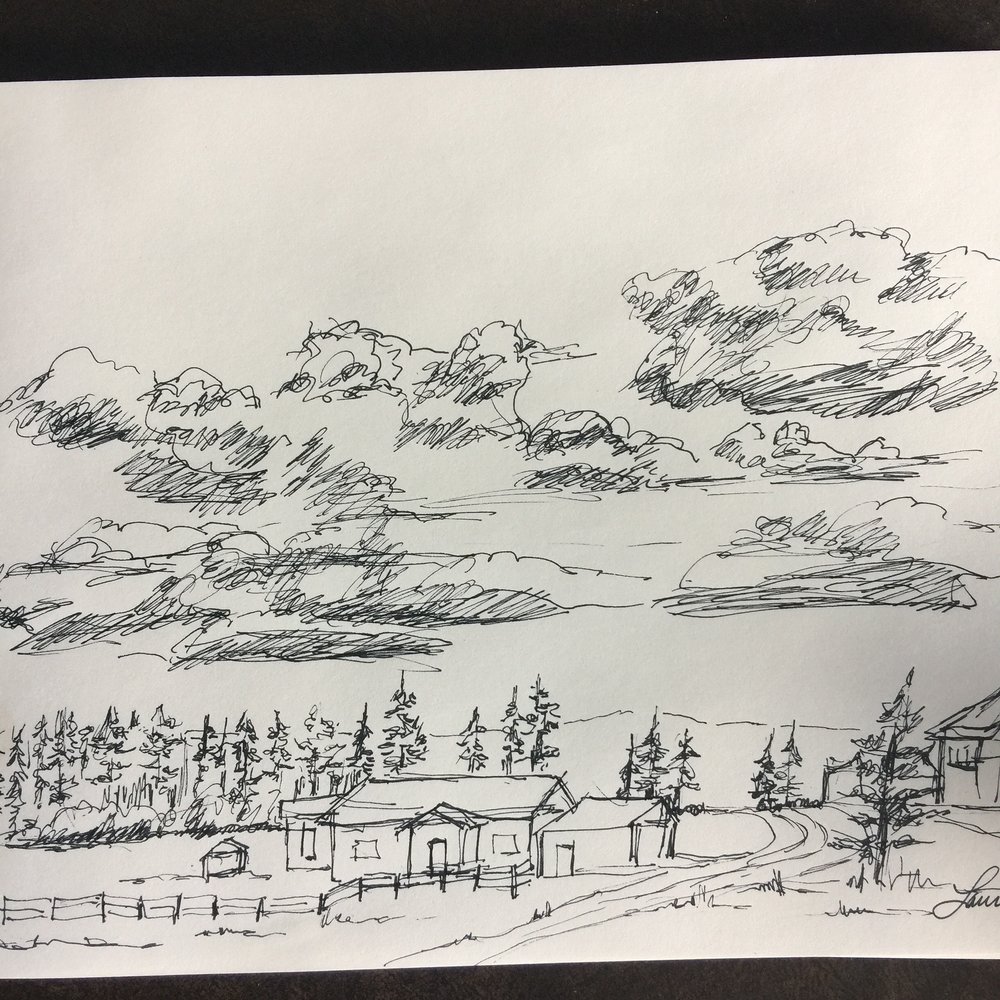  I had a very little time for art, but managed to sketch the scene from our back porch in West Yellowstone area.&nbsp; 