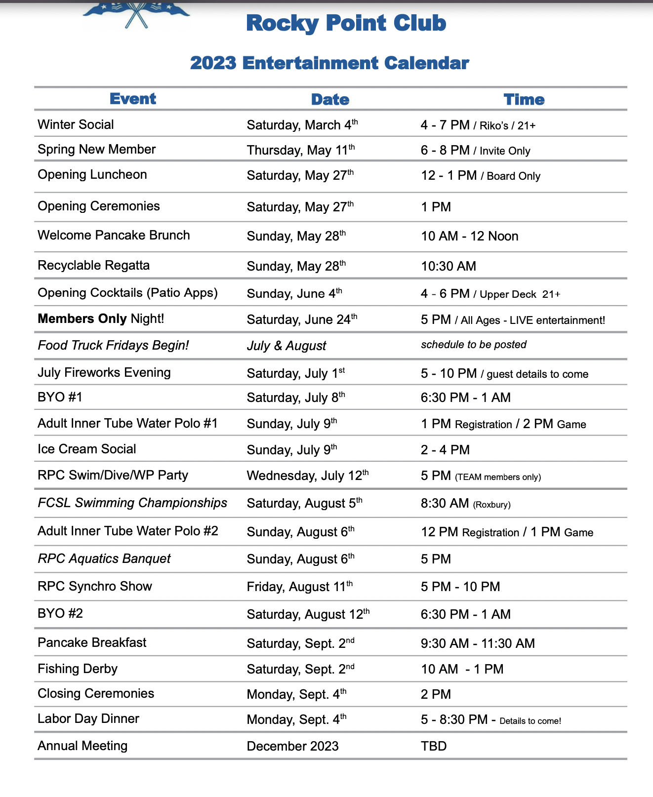Events Calendar — Rocky Point Club