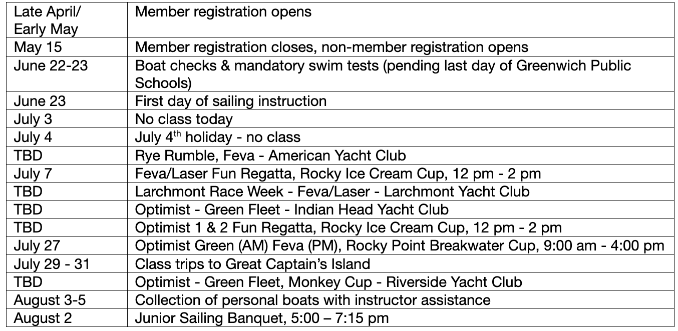 Junior Sailing schedule summer 2026