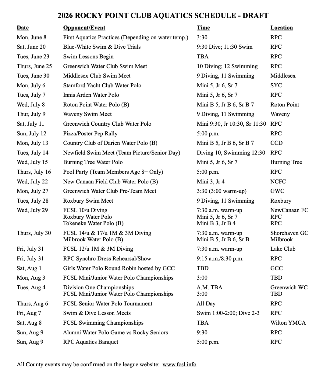 2026 Aquatics Calendar