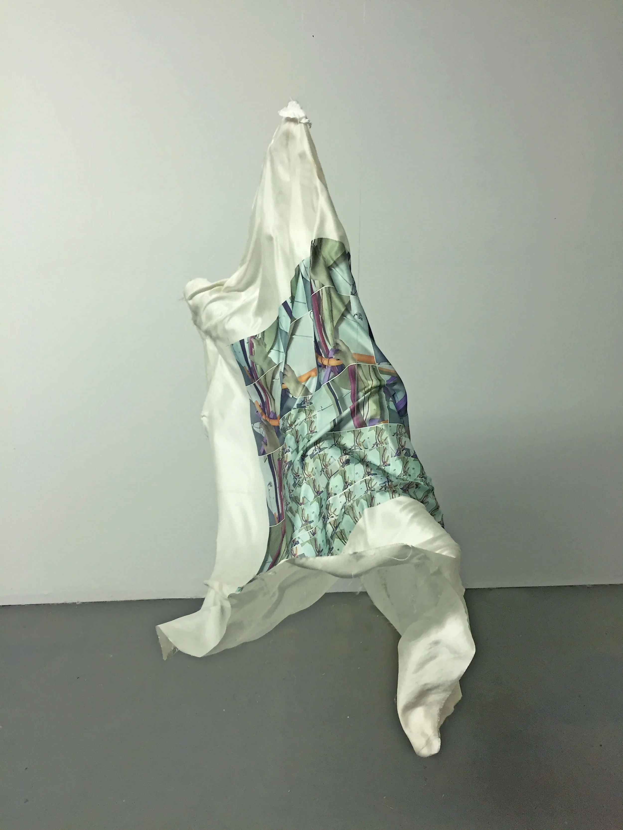 there is somewhere too silk digital photo print ,plywood,noodle, electrical cord, sandbag, tread. 47" x 12" Yeah Maybe Gallery, MN. July 2016