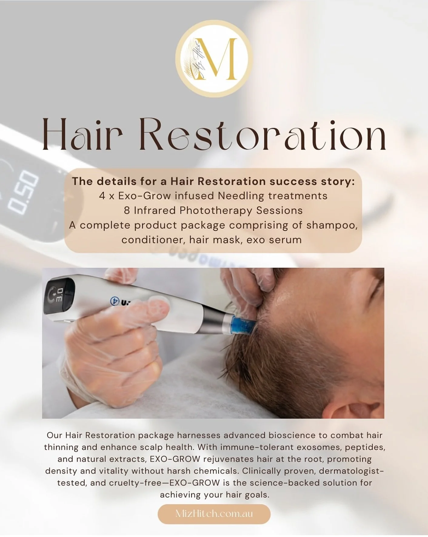 Our Hair Restoration Package at MizHitch combines revolutionary, safe EXOSOME therapy with advanced needling and infrared phototherapy.
We use biomimetic exosomes-not derived from humans-for a clean, ethical, and scientifically backed approach to rej