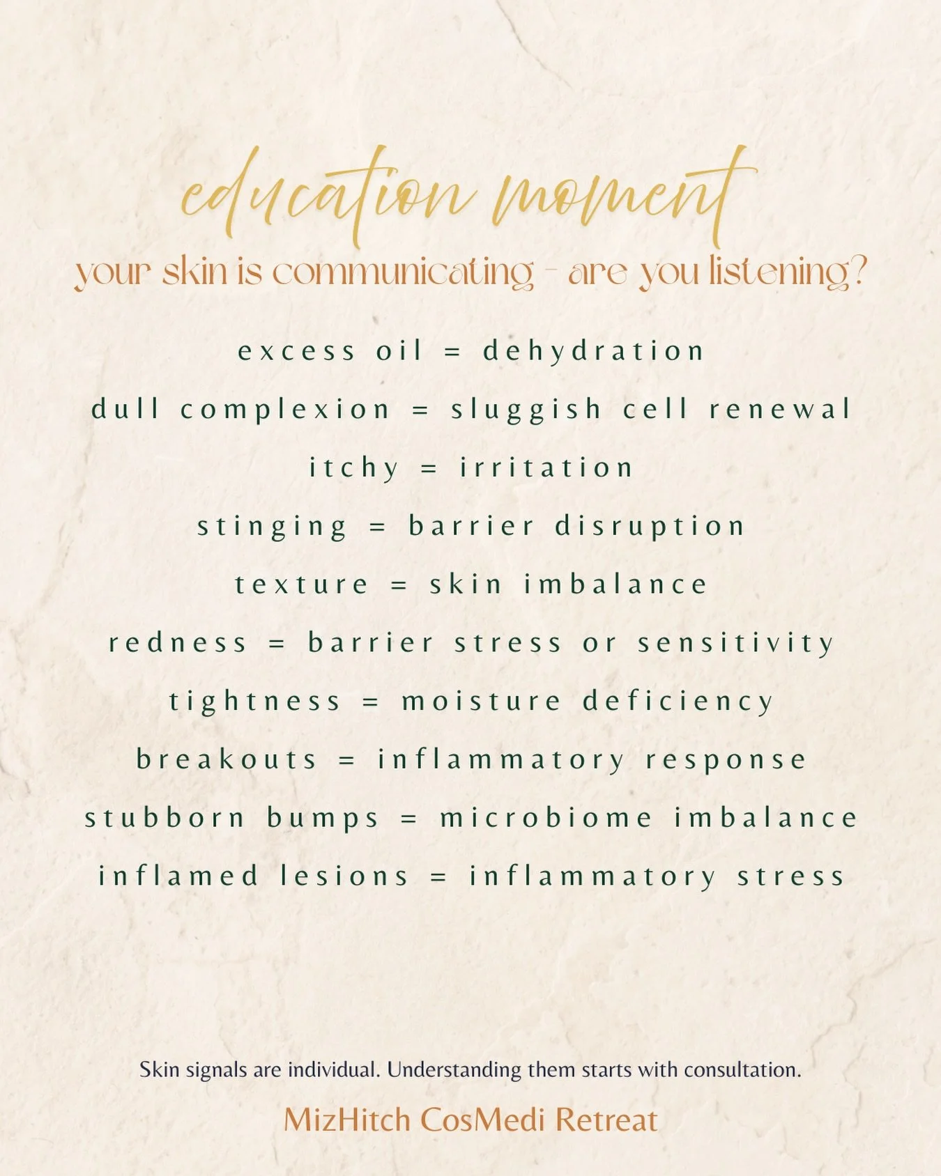 Your skin is always communicating.
Sensation, texture, oil, redness - they&rsquo;re not random responses.

Learning to listen is where real skin change begins 💫

Save this for later, or bring it into your next Skin Consultation.

#MizHitch - #Gladst