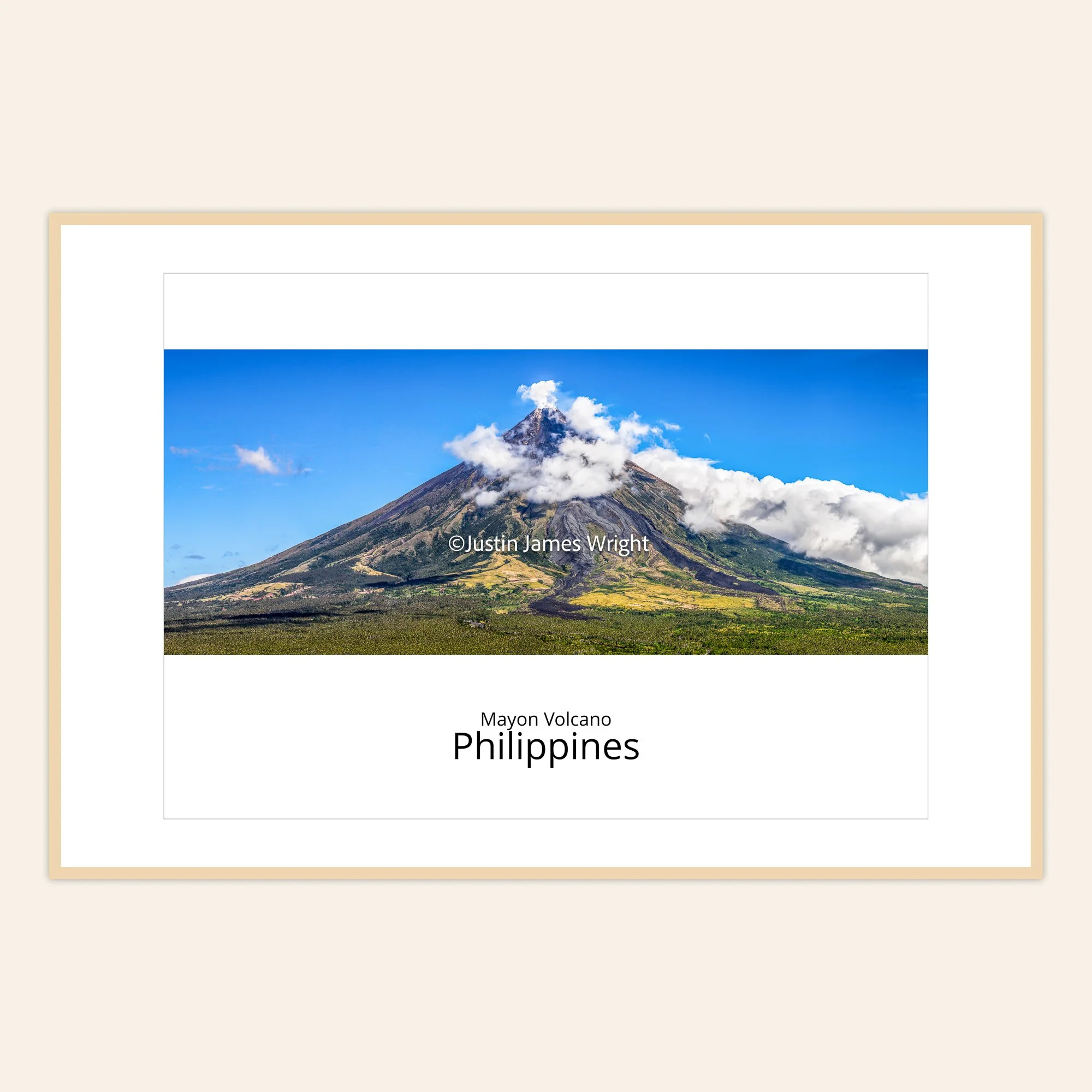 A framed fine art photography print of Mayon Volcano, Albay, Bicol, Philippines, captured by Justin James Wright