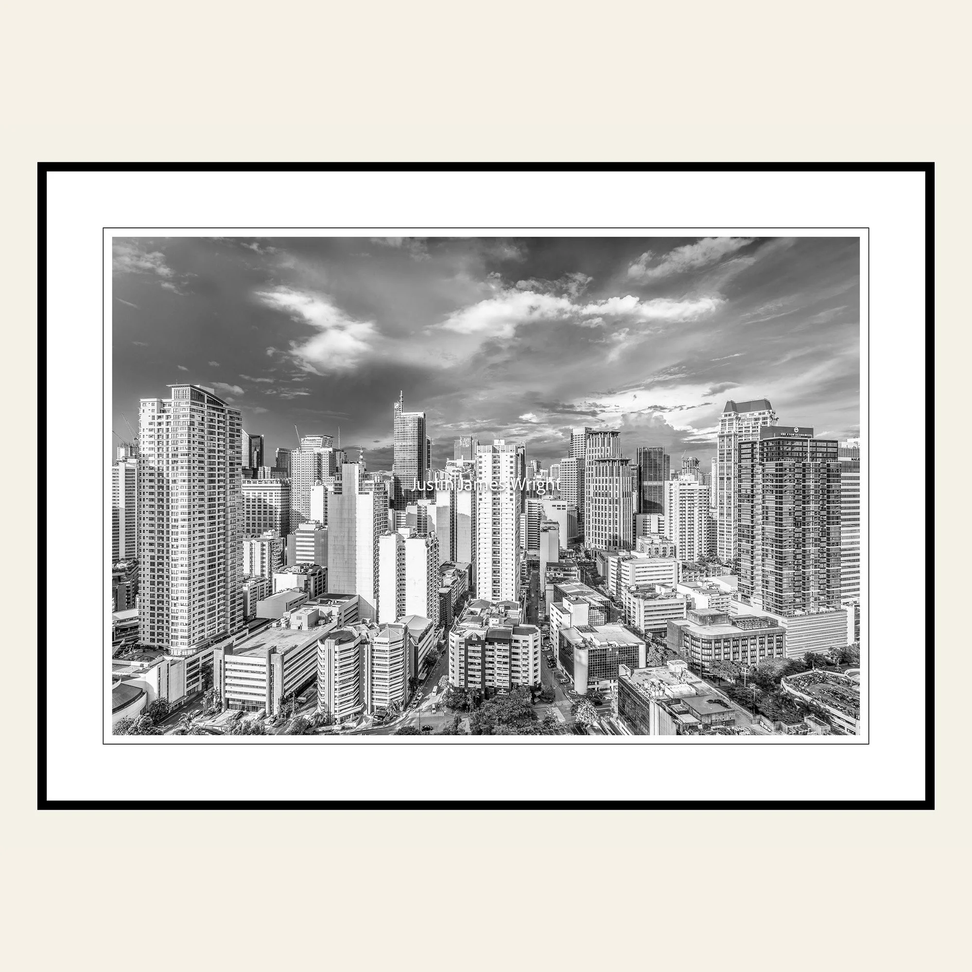 A black and white photography print of the skyline of Makati Central Business District