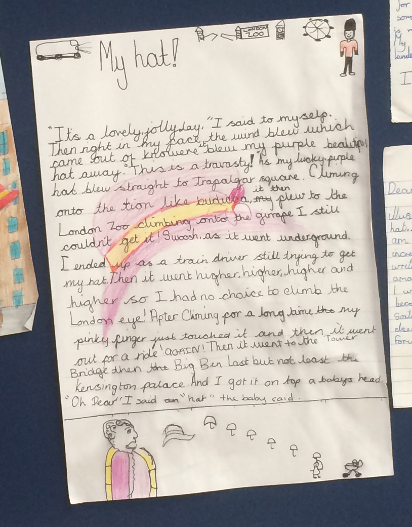 This is a great peice of writing and I love the little illustrations, too. I especially like that you've drawn the hat right in the middle.