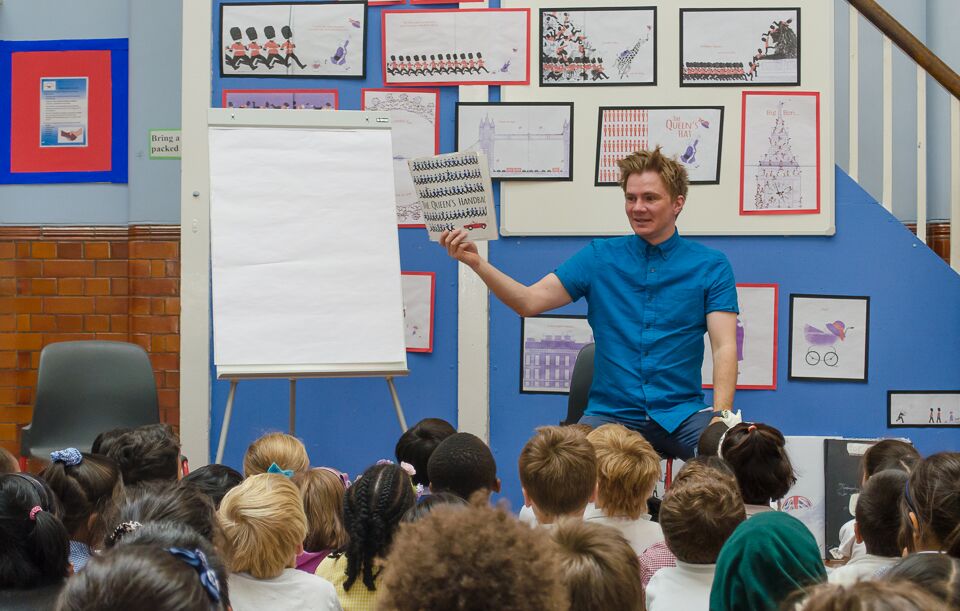 I read THE QUEEN'S HAT, PLEASE MR PANDA and the yet-to-be-released, THE QUEEN'S HANDBAG: a story about The Queen and an army of officers chasing a rogue handbag-stealing swan all across the UK, which is due for publication by Hodder Children's in October. (Photo by Emerson Wimsey)