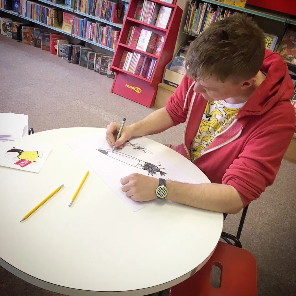 Drawing Mr Toucan for Salisbury Library.