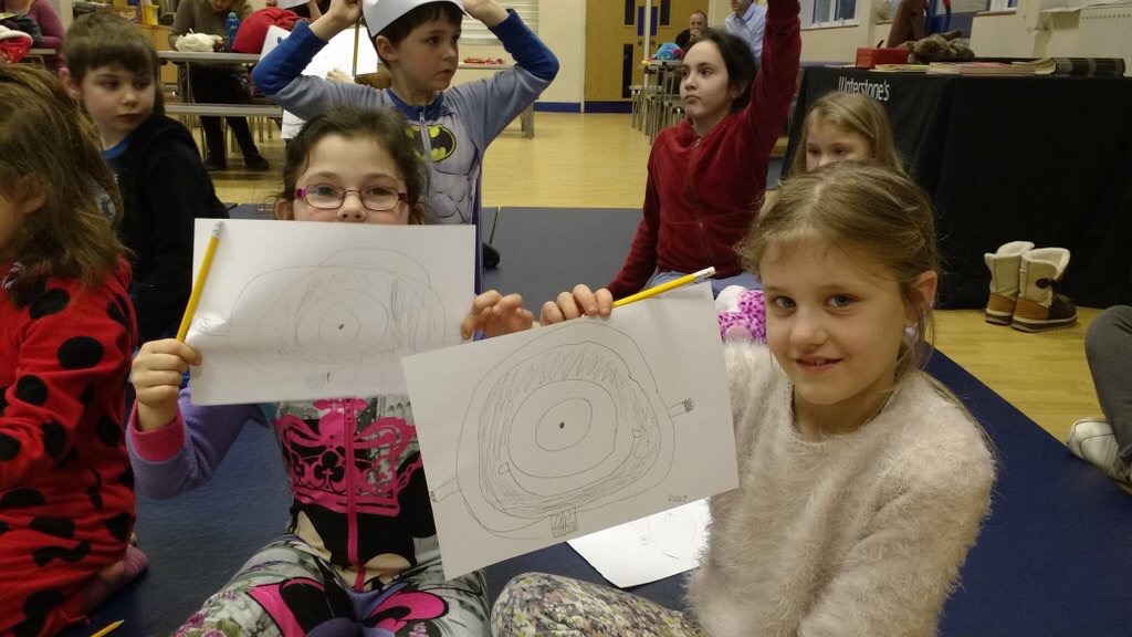 Drawing the Monster from the yet-to-be-published MONSTER IN THE HOOD at a BETTY GOES BANANAS pyjama party in Salisbury. 
