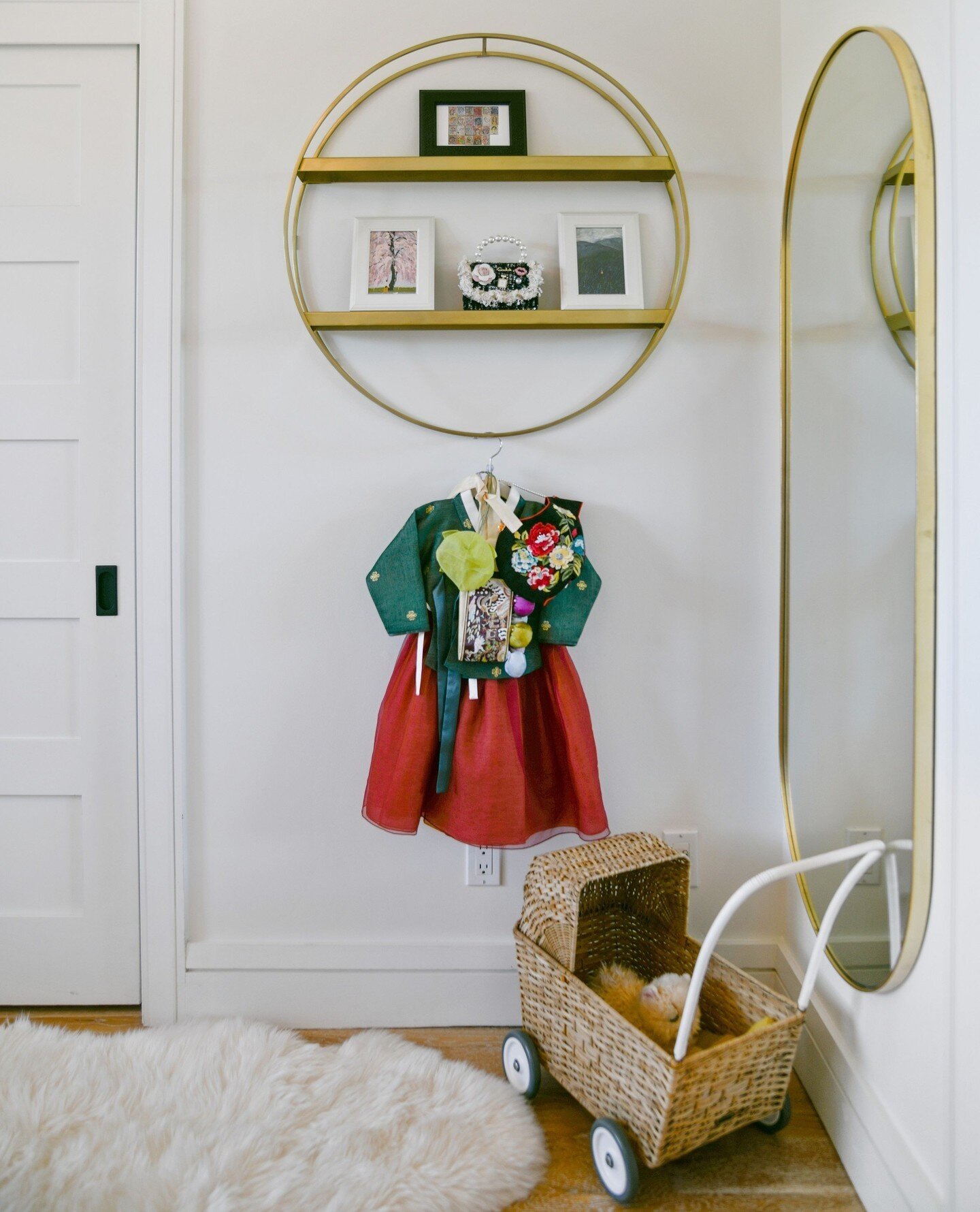 A quiet moment in a little girl's bedroom corner. She adored gazing at her very special and ceremonial Hanbok dress before drifting off to sleep. So it was hung right at her eye level which worked beautifully from a design perspective as well. I was 