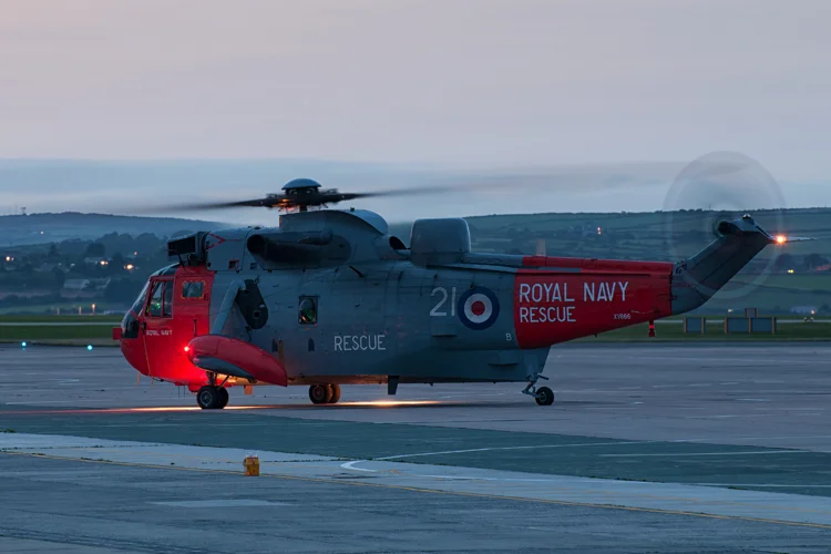Long exposure of the 771 NAS Sea King Mk5 as the crew prepare to taxi out.