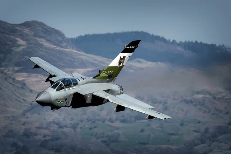 12(B) Squadron commemorative tail Tornado GR4 makes its way towards Cad in the Mach Loop, the jets last flight before RTP at RAF Leeming to sustain the current Tornado fleet. 
