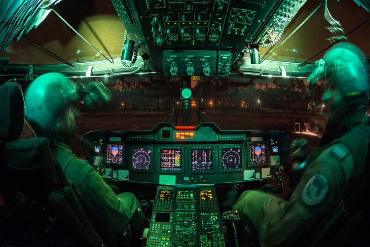 751 Squadron AgustaWestland EH101 cockpit with the NVG friendly lights on. 