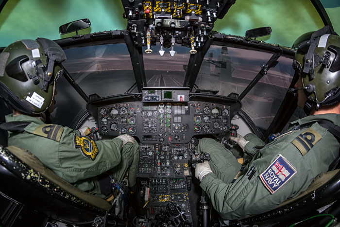 Royal Navy Sea King pilot and observer in the Chrisite Matrix StIM simulator at RNAS Culdrose. Taken with the Samyang 8mm fisheye.