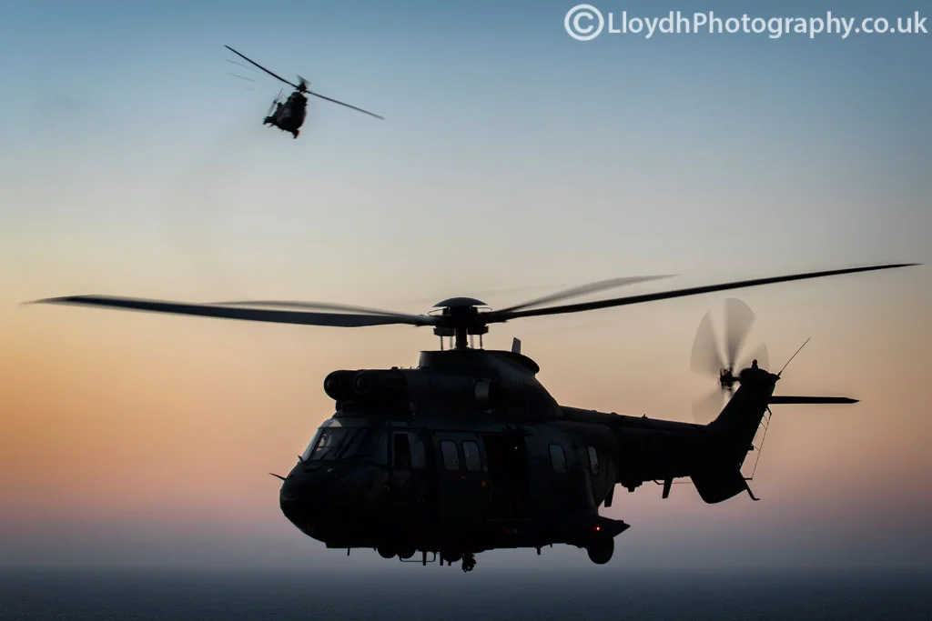 Two AS332B Super Pumas from BHELMA VI perform an aerial ballet during a return flight to Lanzarote. 
