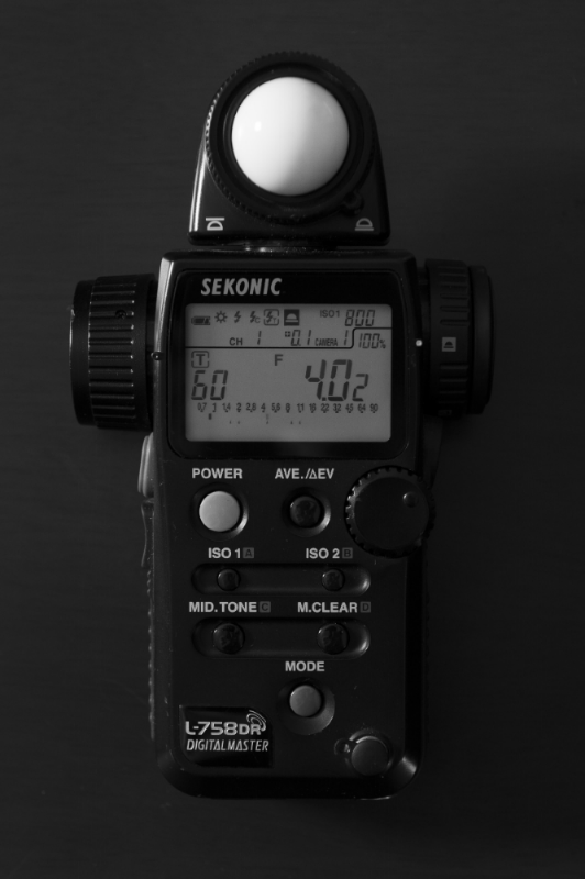 Sekonic light meter featuring incident and spot metering capabilities for flash and/or continuous light.