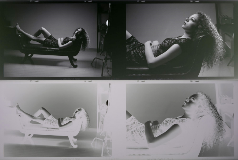 A snap of a negative from the light table (below). The negative was also inverted (above) in photoshop to give an idea what the final print would look like. Ilford Pan F Plus.