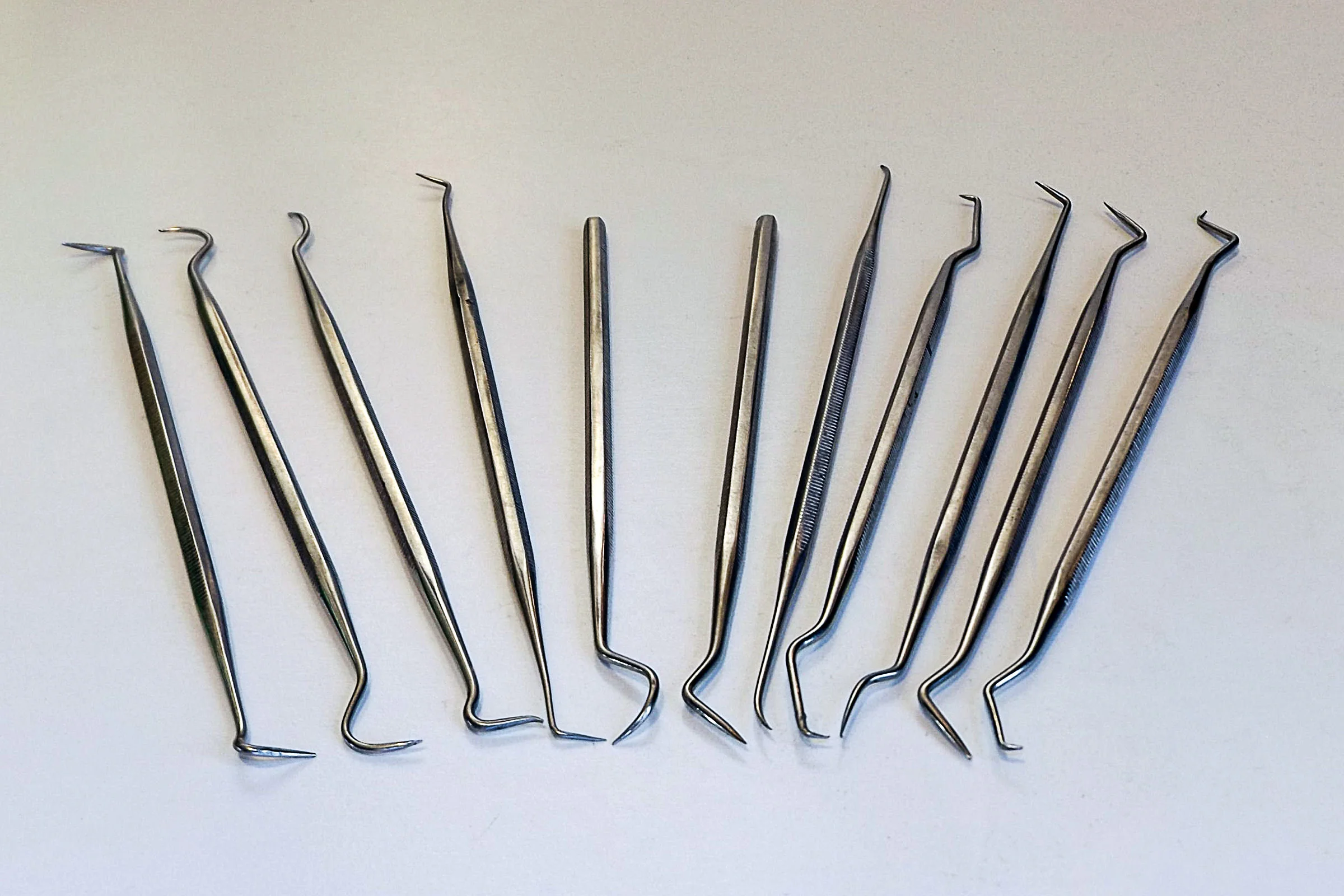 The “dental picks” above are not medical grade. They were bought via eBay for around $20. They’re not as durable as proper dental picks, but neither are they as expensive. If you have a dentist in the family, perhaps you’ll be able to find some genuine ones? But for unhooking and attaching small springs and other fiddly tasks, these hobby ones will do the job just fine.