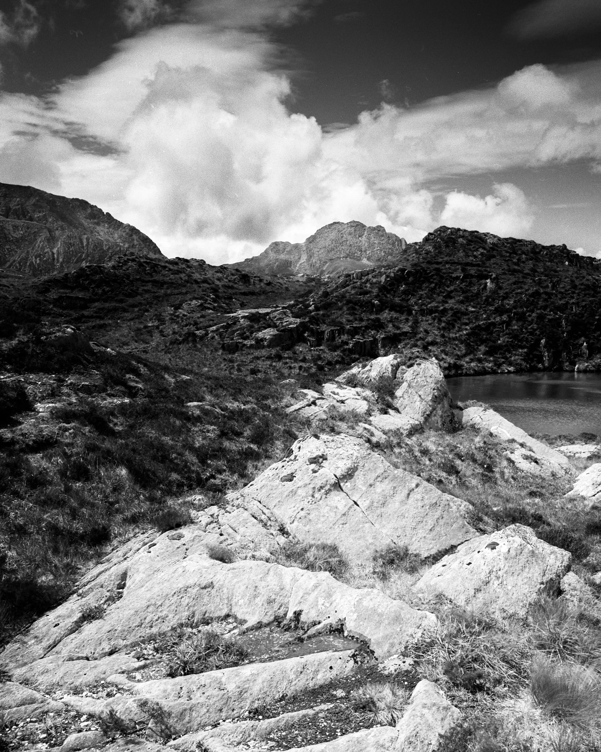 Mamiya 645 Pro TL, 45mm, Delta 100. I shot this in Snowdonia, Wales and I liked the high contrast of white rock against dark grasses. This screamed for black and white with great contrast. For me the strength of the white rocks that look like a small mountain, against the darker mountain peeking over the top is a nice contrast.
