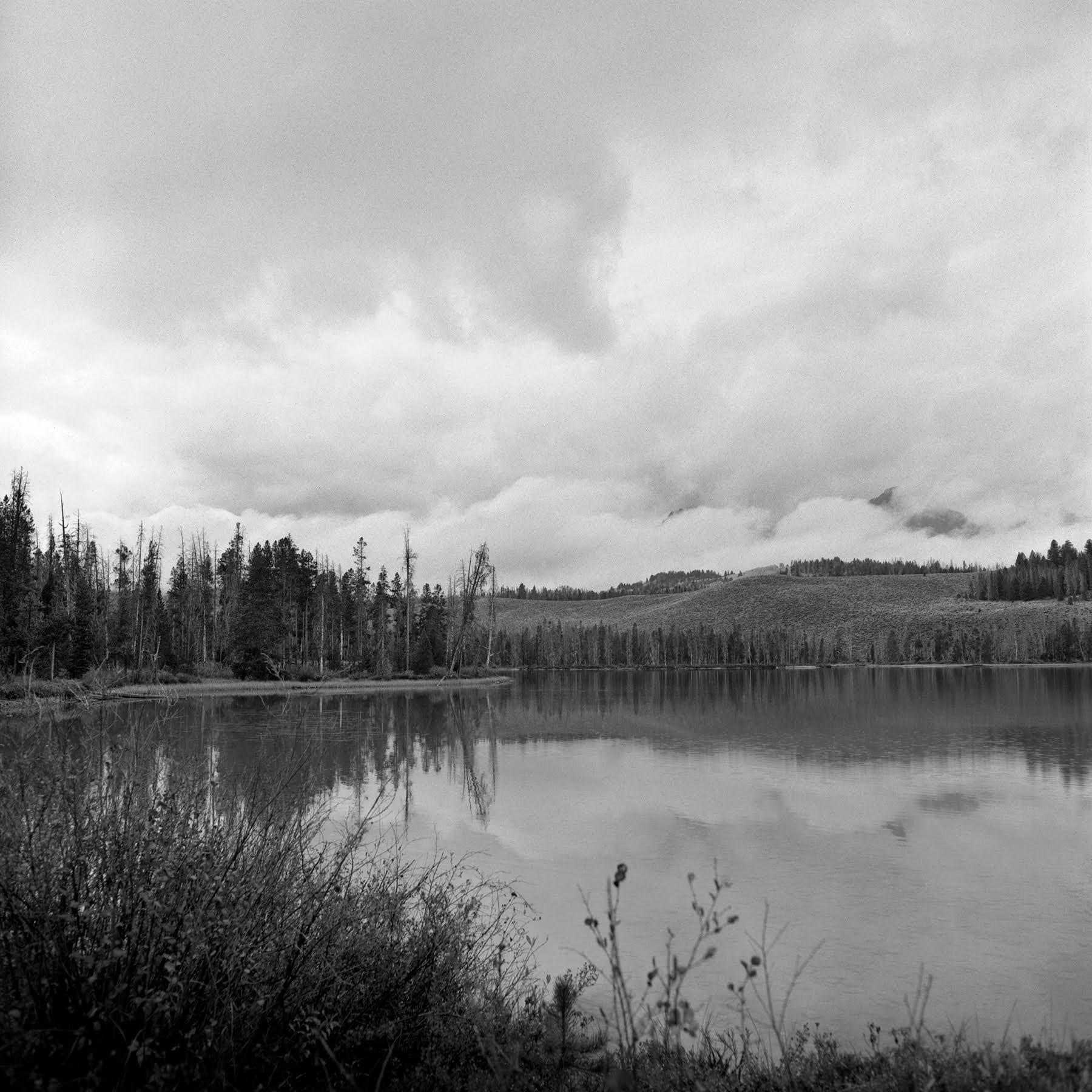 Evening view of the storm in the Sawtooth Mountains from Redfish Lake Rolleiflex FW, Ilford FP-4 plus