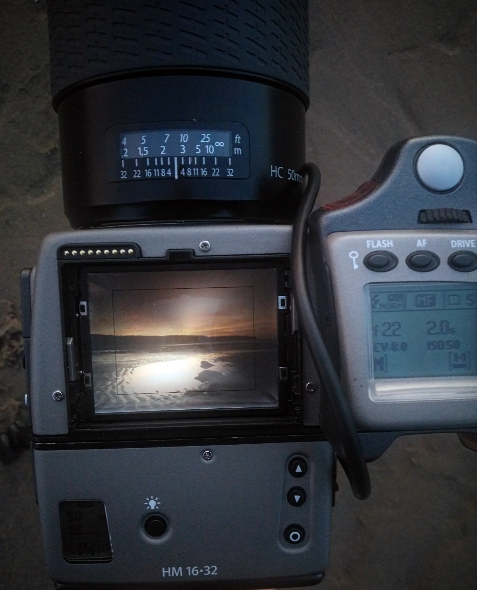 Again with the prism removed, LCD showing shutter speed, aperture and EV
