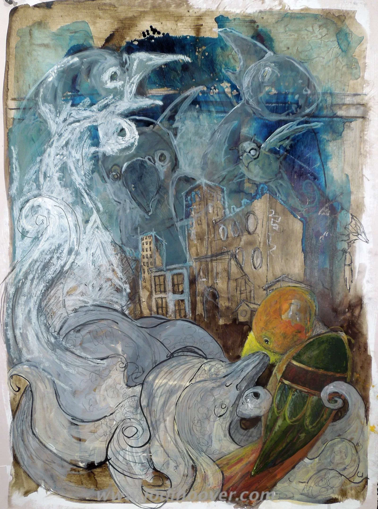 unfinished, 2015. 22" x 30" Acrylic ink, oil pastel and pencil on paper