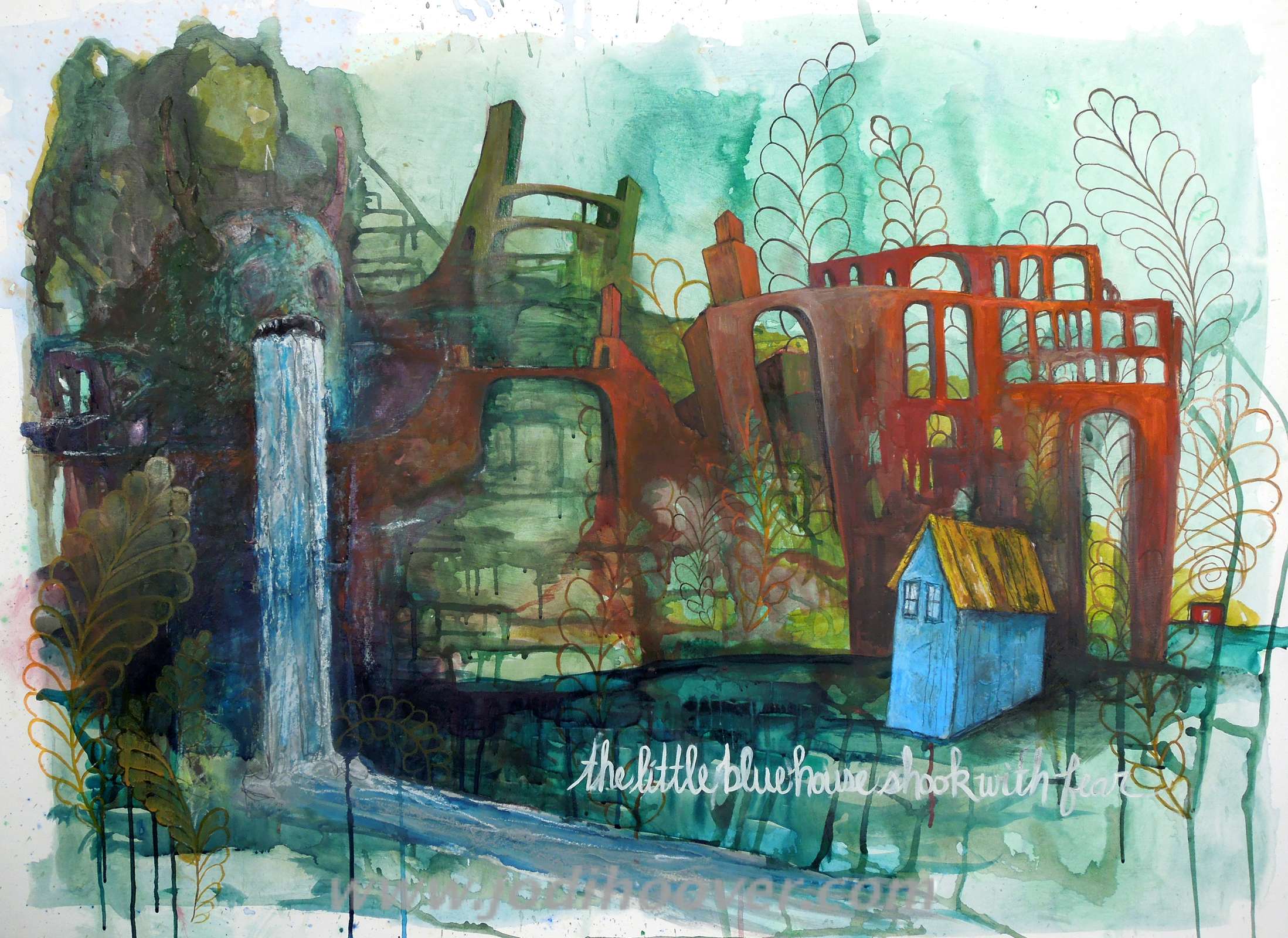 the little blue house, 2015. 42" x 34" Acrylic ink, oil pastel and pencil on paper