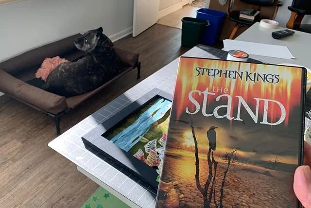 A lovely studio morning and I think it&rsquo;s time for The Stand...otherwise known as my favorite guilty pleasure. Studio Assistant Fiona questions my level of taste. .
.
#stephenking #thestandminiseries #copingstrategies #captaintrips #studiotime