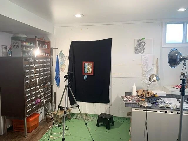 My multi-use space was put through its multi-use paces today. From photographing artwork to putting together car bumpers. The bumpers for my Karmann Ghia came back awhile ago and today we figured out how to reassemble them. For some reason Fiona foun