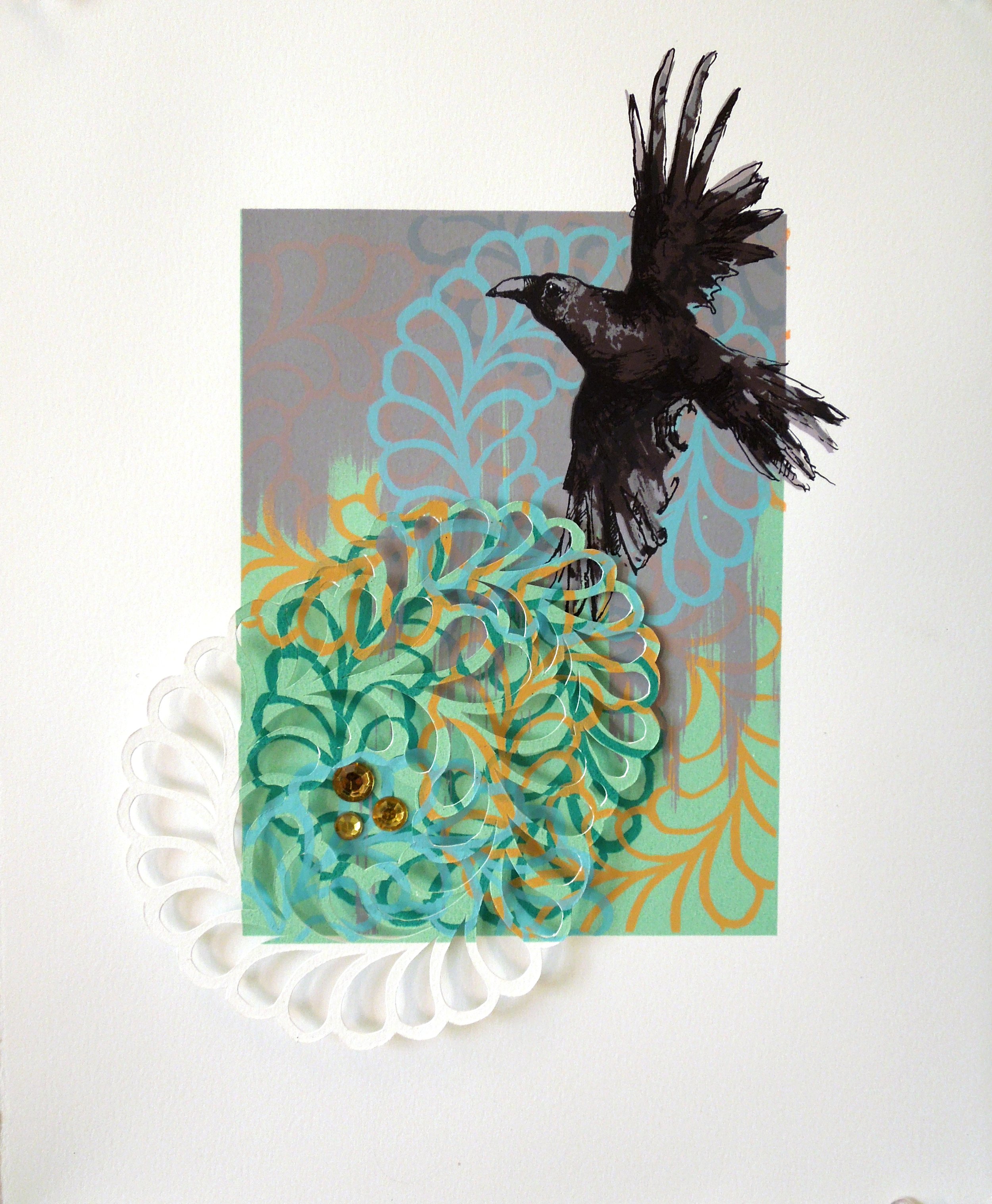 Dimensional screen print with hand cut paper and acrylic gems on Rives BFK, edition of 8
