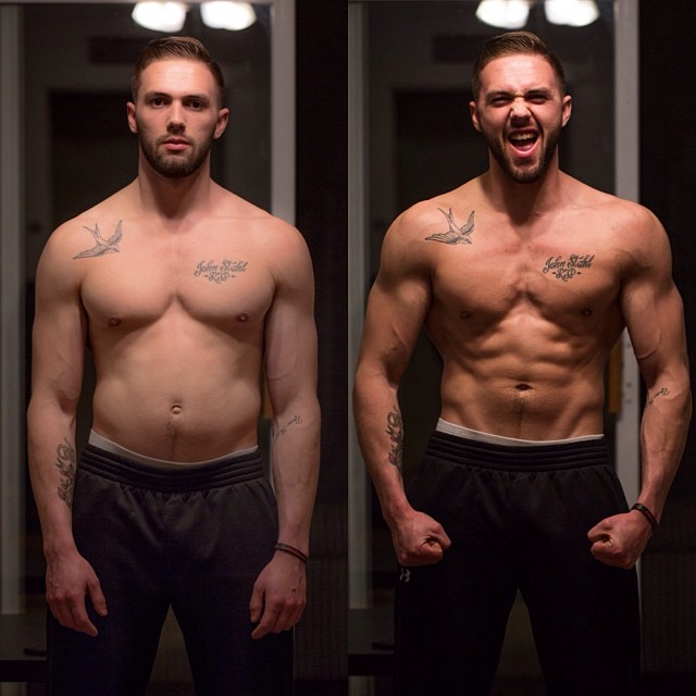 There are literally 5 seconds of time elapsed between these "before and after" pictures of Coach Stan Dutton (a buddy of ours). Stan merely flexes to create an aesthetic of muscle mass and leanness – which is exactly what bodybuilders "do" to create theirs. The lesson is clear: good, competitive bodybuilding is not about ultimate size but about skills of presentation. Photo courtesy of Stan's Instagram feed. Contact Stan Dutton at TFW Boston .