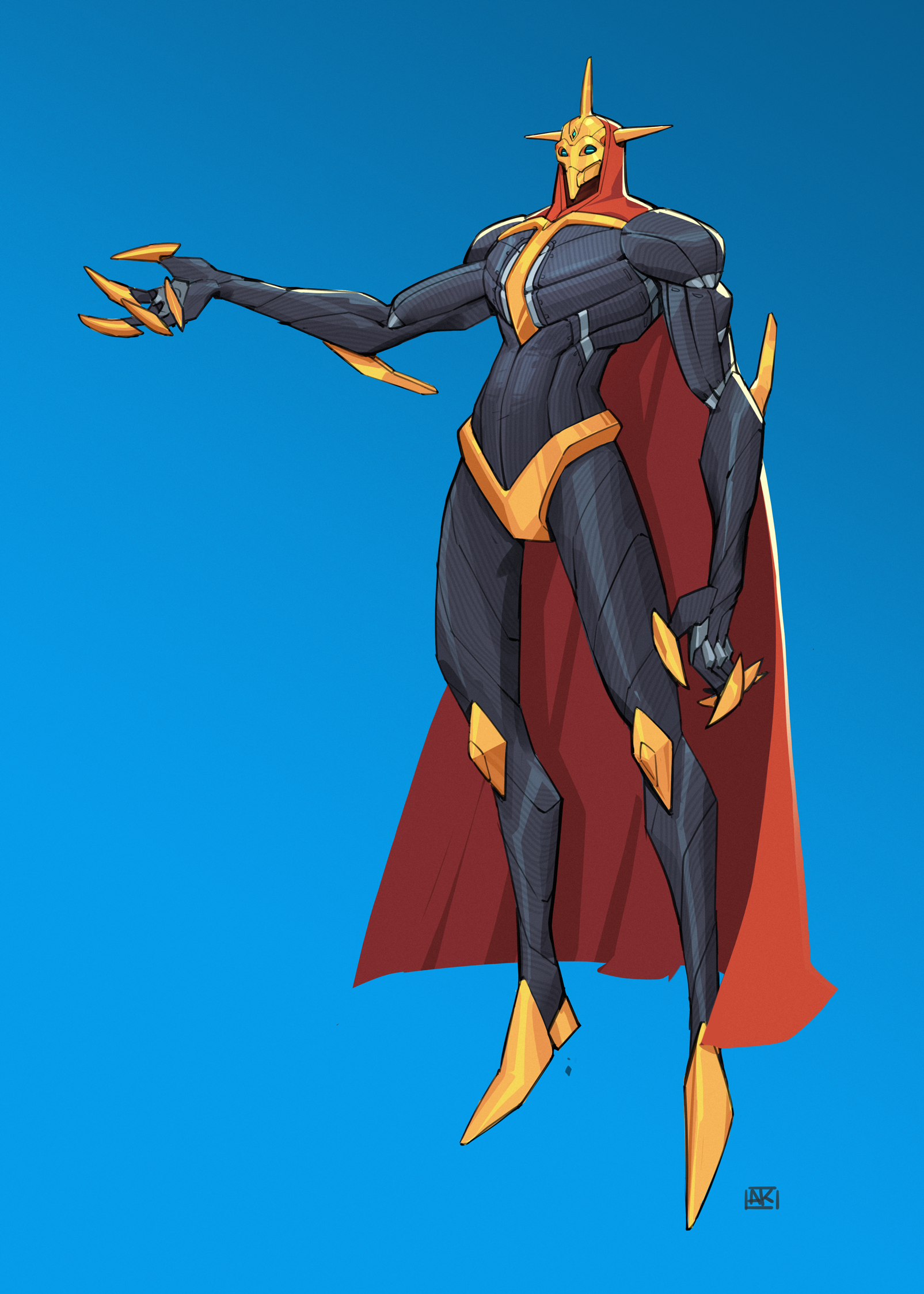 A digital illustration of a superhero character with a sleek black and gold suit, a red cape, and a golden mask with blue eyes. The character has a confident pose against a plain blue background.