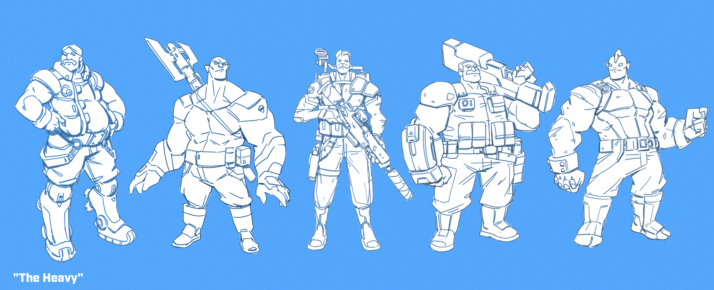 Line drawing of six diverse futuristic soldiers with armor and weapons, standing side by side against a blue background, titled 'The Heavy'.
