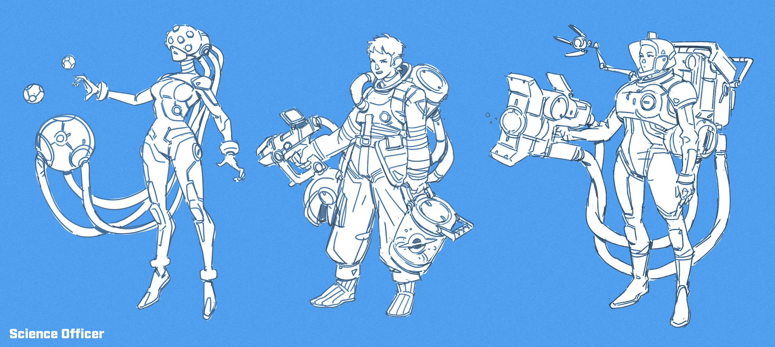 Line drawing of three futuristic sci-fi characters in space suits with advanced equipment, set against a blue background. The image is labeled "Science Officer" in the bottom left corner.