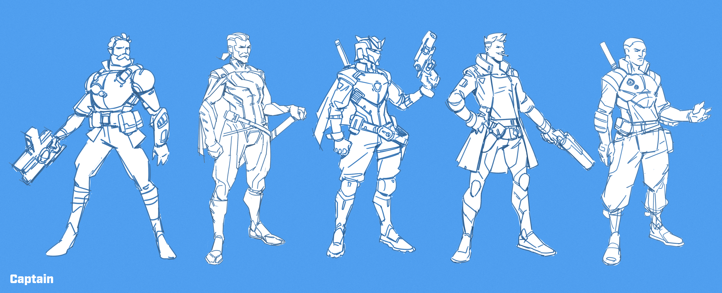 Line drawing of six futuristic characters in sci-fi armor and casual clothing, holding weapons, set against a blue background.