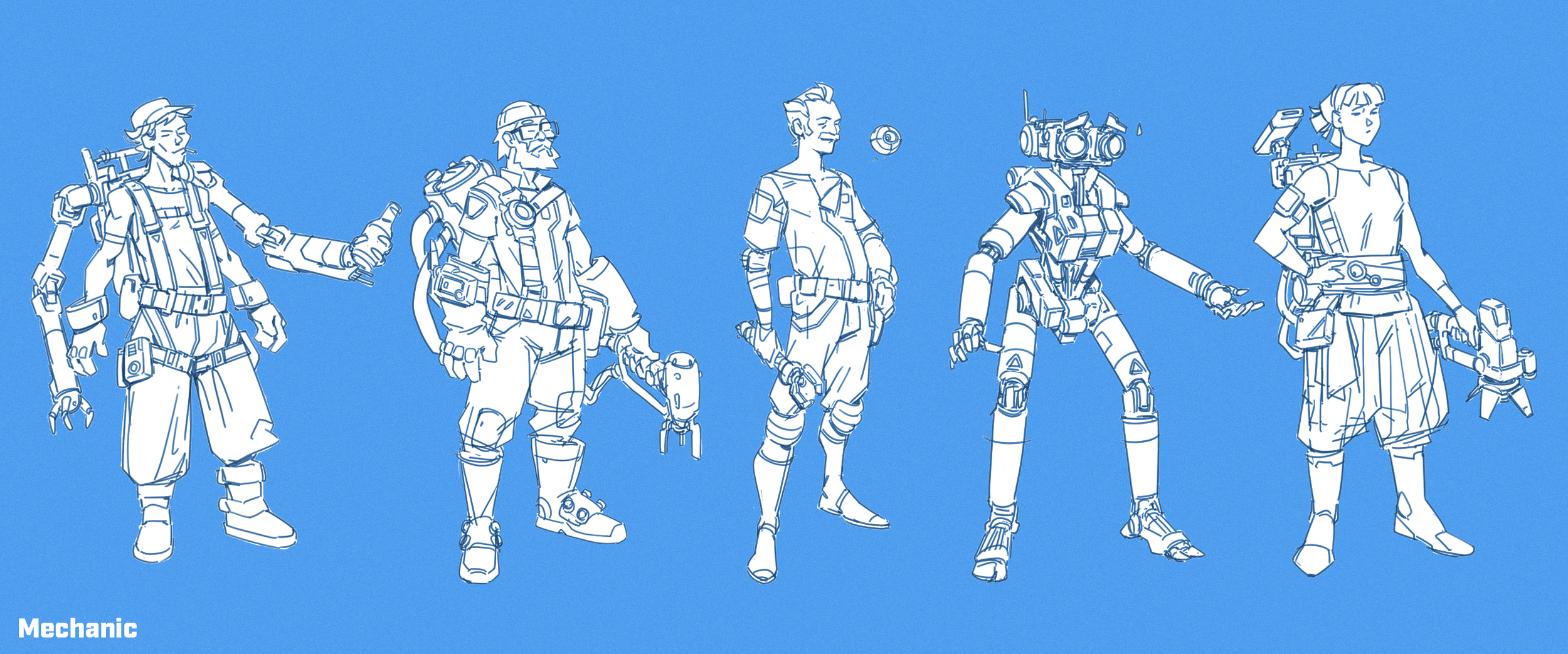 Line drawing of six female and one robot character in sci-fi outfits standing against a blue background, labeled "Mechanic".