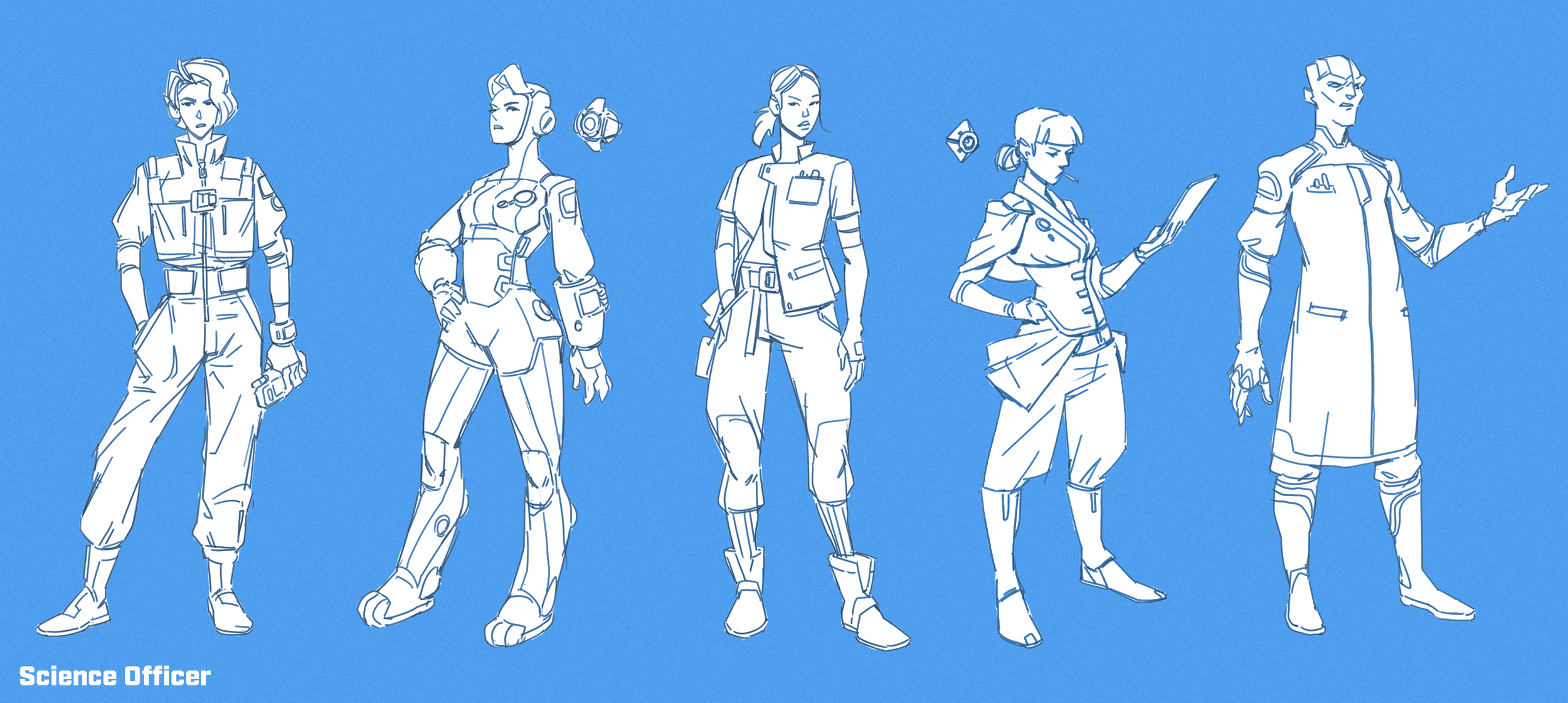 Lineup of five female characters in futuristic outfits, with the label 'Science Officer' at the bottom left.