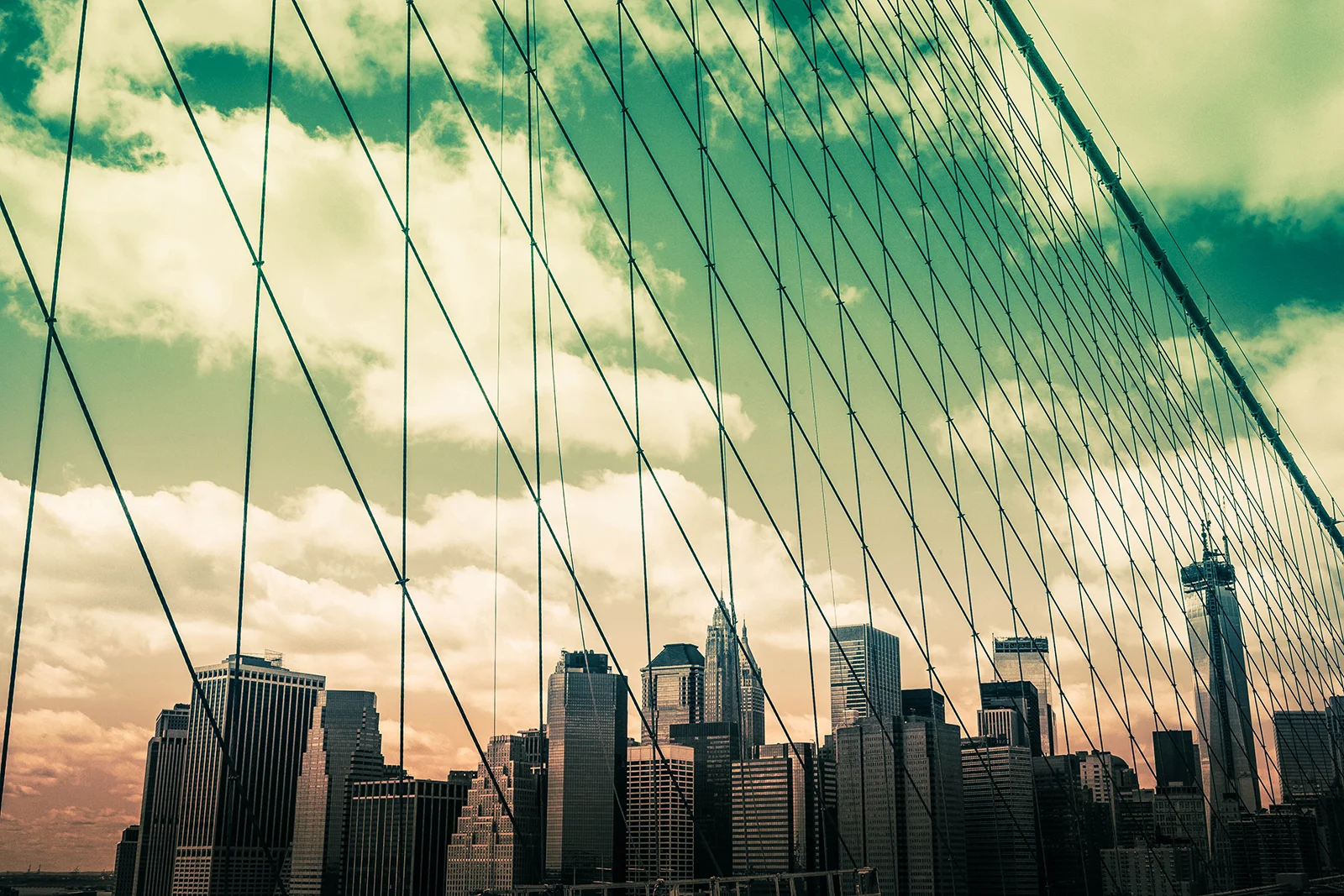 The iconic view of downtown Manhattan from the Brooklyn Bridge