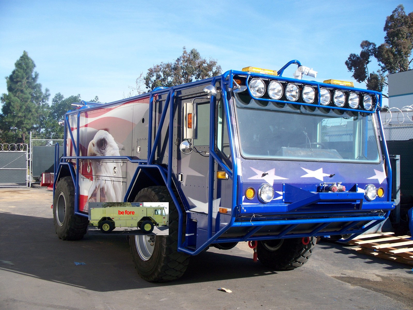 Firetruck: lights, wrapped and caged