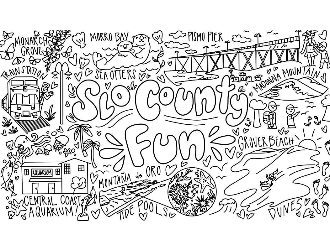 This four-foot coloring banner, featuring several popular attractions all around San Luis Obispo County, was hand-drawn by a Cal Poly student! Come color this banner while you reacquaint yourself with our beautiful city&mdash; all week in The Studio!