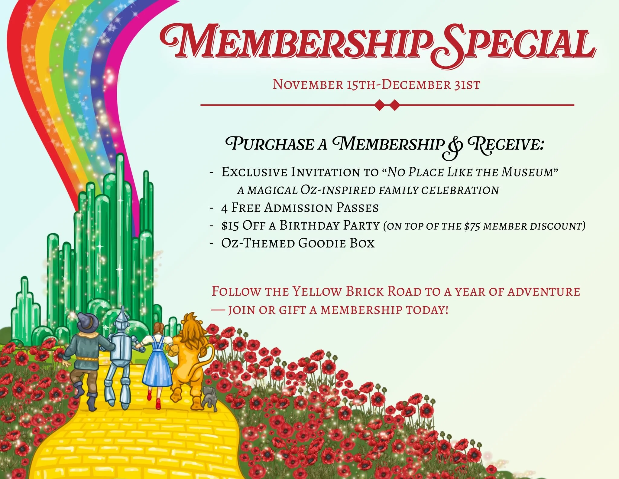 🎁 The gift that keeps on giving all year!
Give a SLO Children&rsquo;s Museum membership and let kids explore, play, and imagine all year long. Each membership includes a fun goodie box and an exclusive invitation to our Oz-inspired celebration&mdash