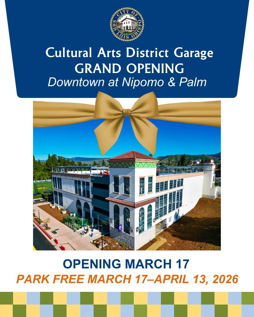 Visiting the museum is about to get easier! 🚗

The new Cultural Arts District Garage at Nipomo &amp; Palm Street opens March 17th.

Celebrate the grand opening with FREE parking March 17&ndash;April 13, then walk across the street to the museum for 