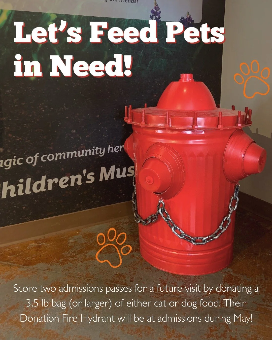 This month, we&rsquo;re teaming up with Woods Humane Society 🐾

Help support their Community Pet Pantry and feed pets in need by donating a 3.5 lb (or larger) bag of cat or dog food. Drop it in the Donation Fire Hydrant at admissions and receive two