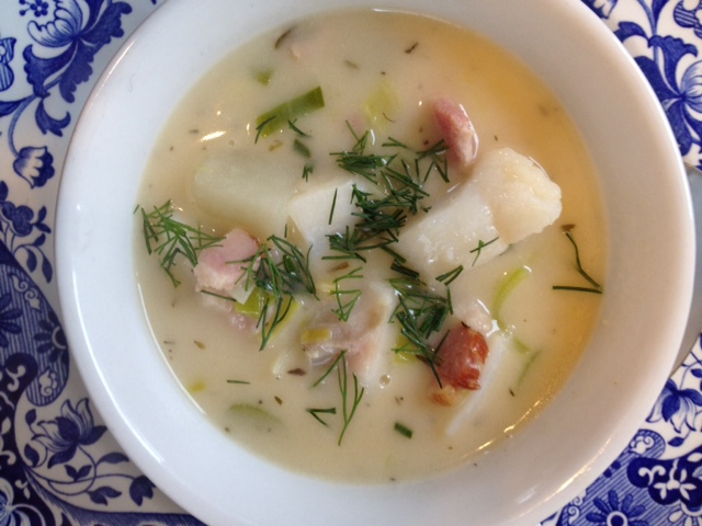 Bacon, Corn and Cod Chowder. Recipe development and photo by Melissa A. Trainer